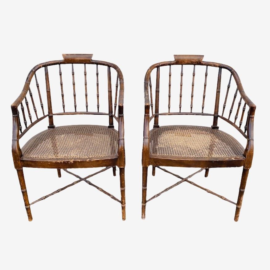 Pair of Chinoiserie Accent Chairs by Century with Faux Bamboo and Rattan Cane - Set of 2 Vintage MidCentury Armchairs - image 0