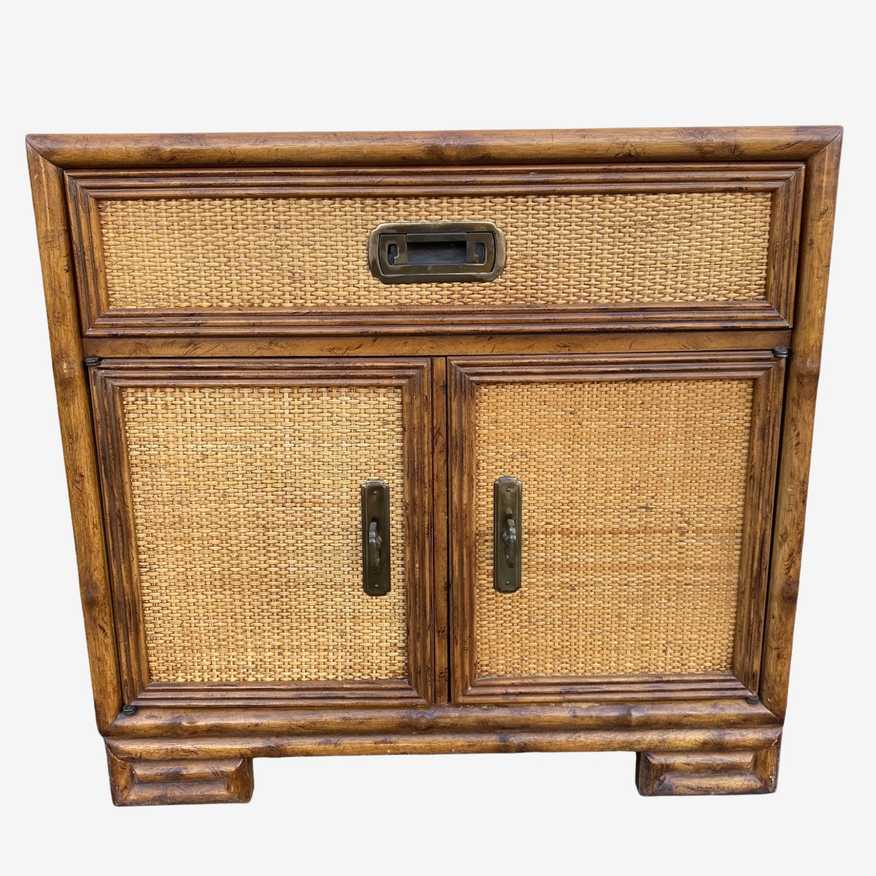 Vintage Hollywood Regency Nightstand FREE SHIPPING Drexel Captiva with Faux Bamboo Wood, Wicker Rattan, Chinoiserie Brass & Greek Key Style - image 0