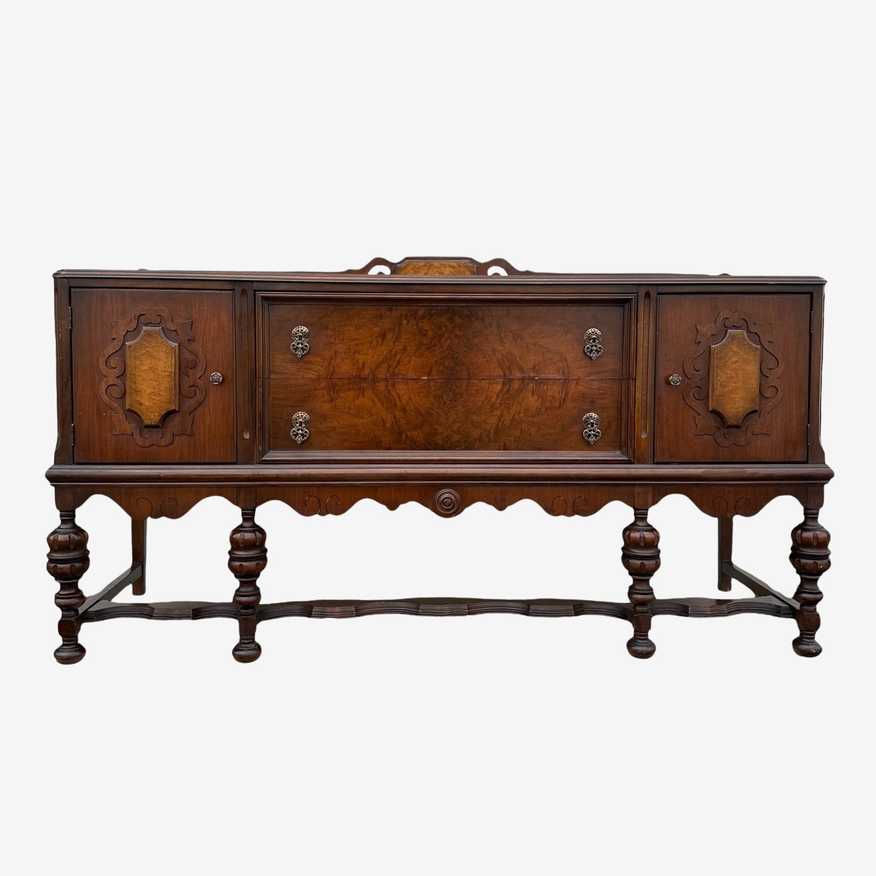Antique Sideboard with Burl Wood 72” Long - Rockford Depression Era Buffet Jacobean English Tudor Style Art Deco Carved Vintage Furniture - image 0