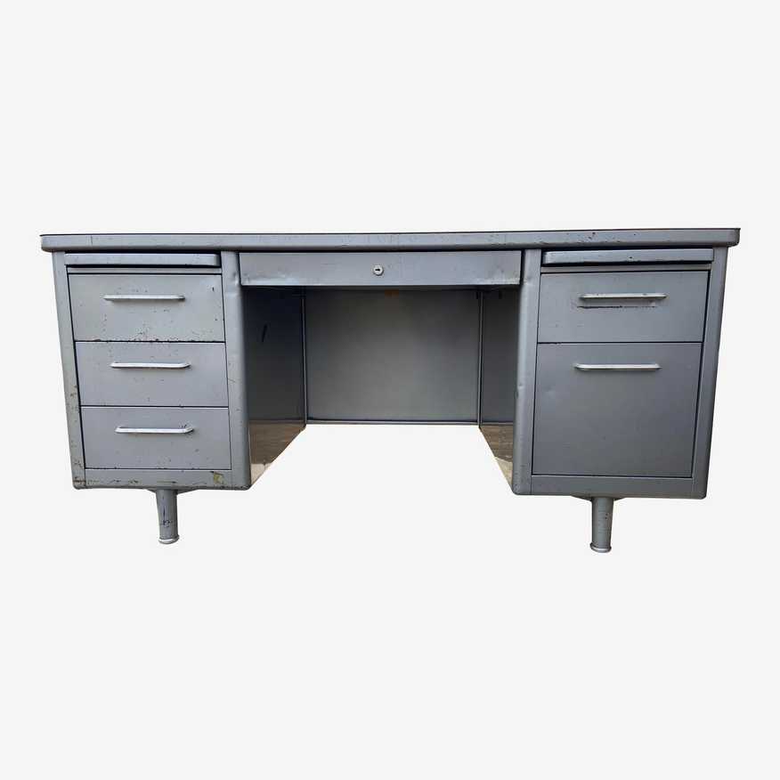 1970s Steelcase Vintage Mid Century Modern Metal Tanker Desk With Patina - image 0