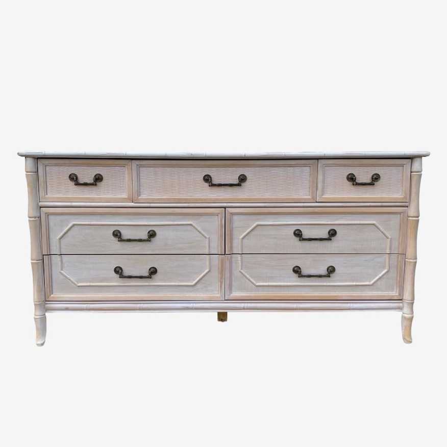 Faux Bamboo Dresser by Broyhill 60" Long - Vintage White Wash Wood Hollywood Regency Palm Beach Coastal Rattan 7 Drawers Furniture - image 0