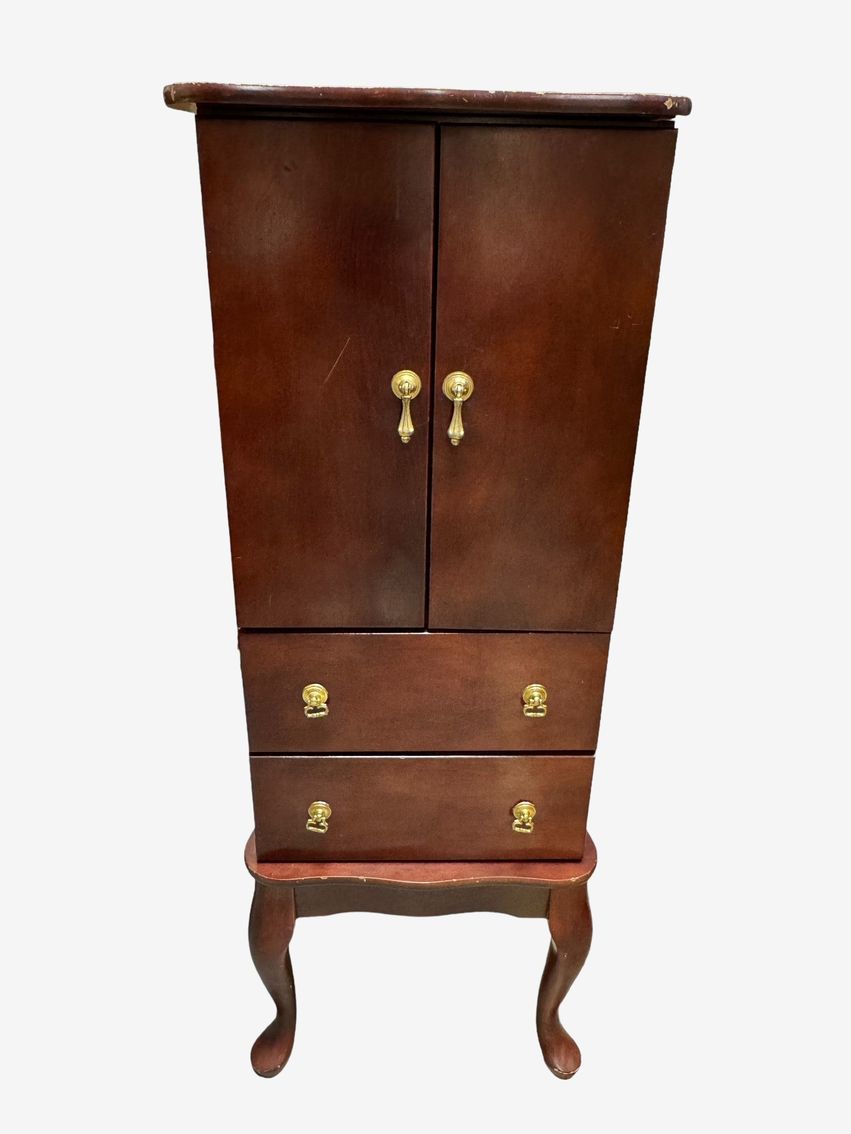 Vintage Wood Queen Anne Legs Jewelry Box Armoire Cabinet EK221-119 - image 0