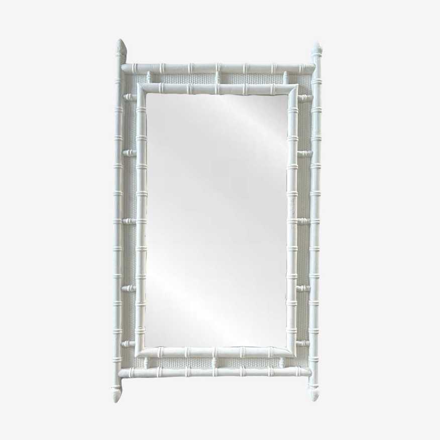Chinoiserie Faux Bamboo Mirror Project 45x25 LOCAL PICKUP Vintage White Rattan Style with Finials Coastal Hollywood Regency Decor - image 0