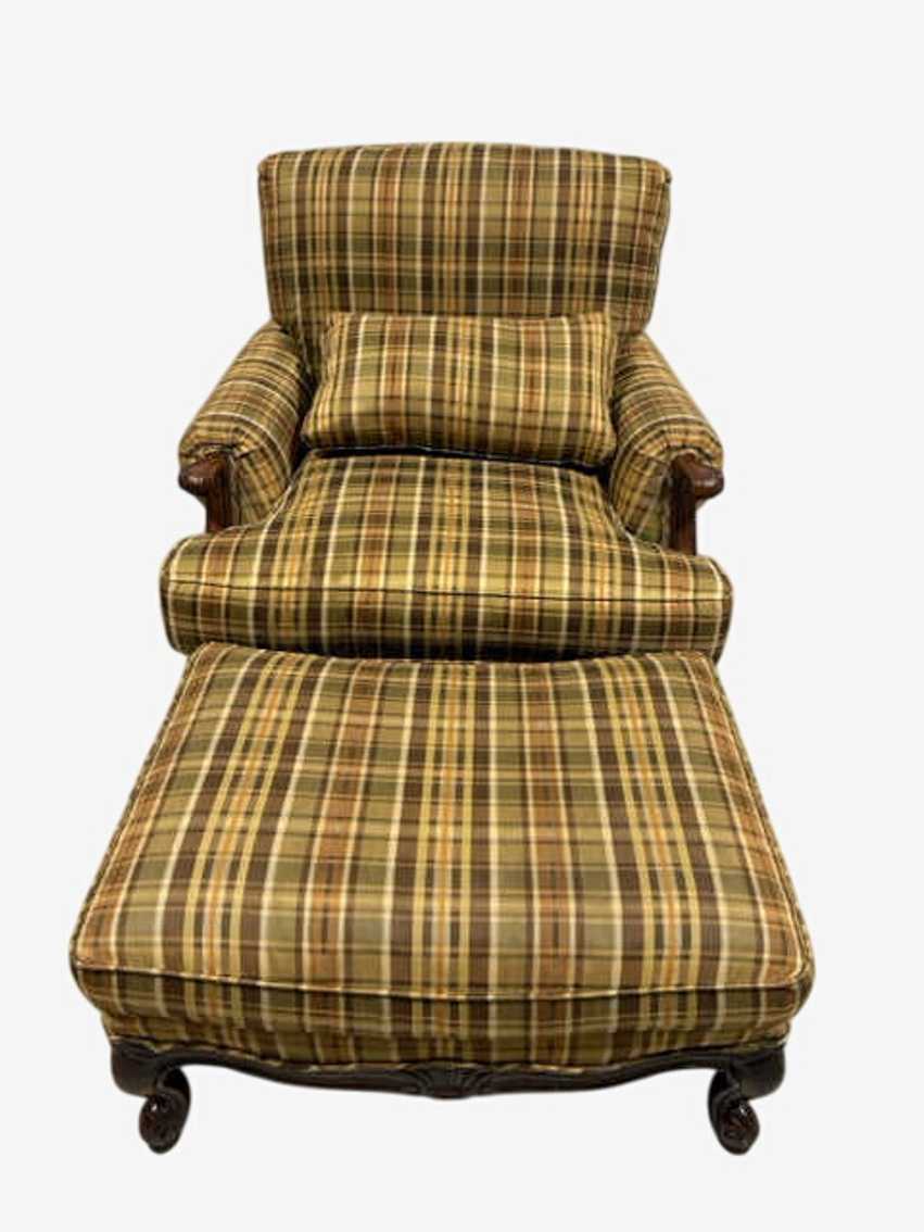 Thomasville Olive & Brown Plaid Chair with Ottoman - image 0
