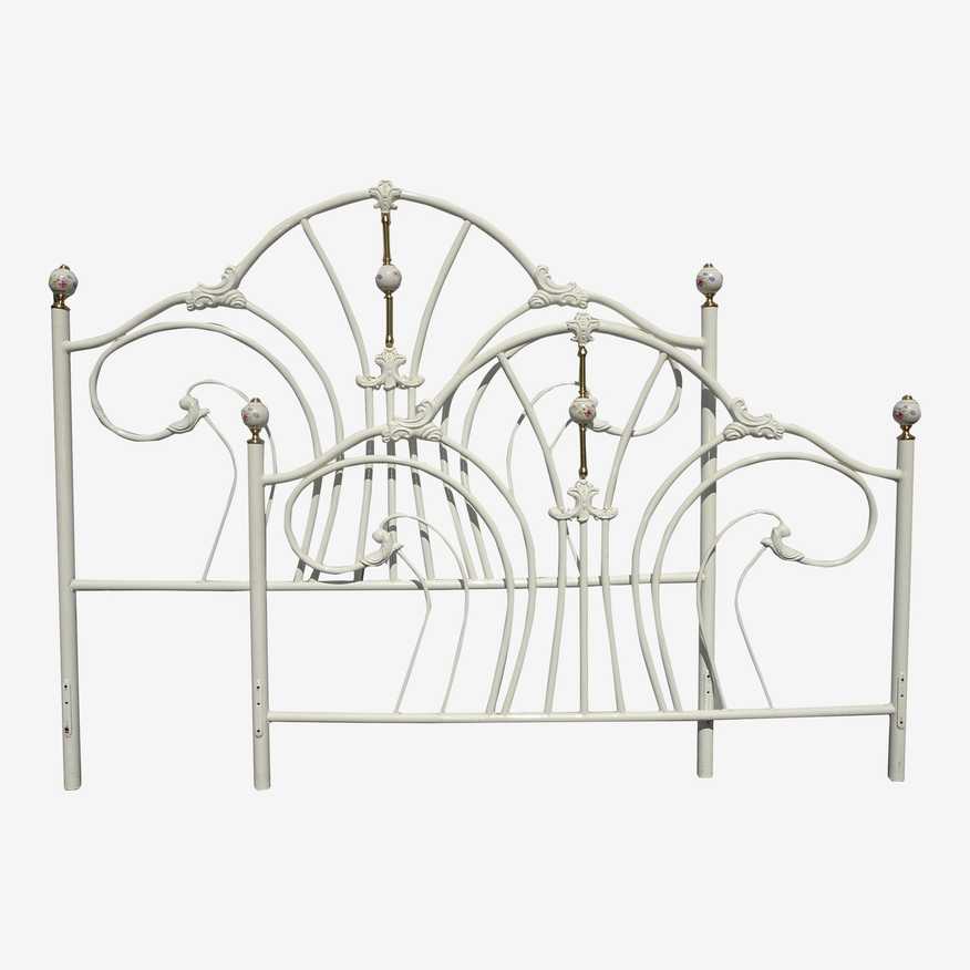 Vintage French Country Shabby Chic White Bed Frame Headboard Glass Floral Finial - image 0