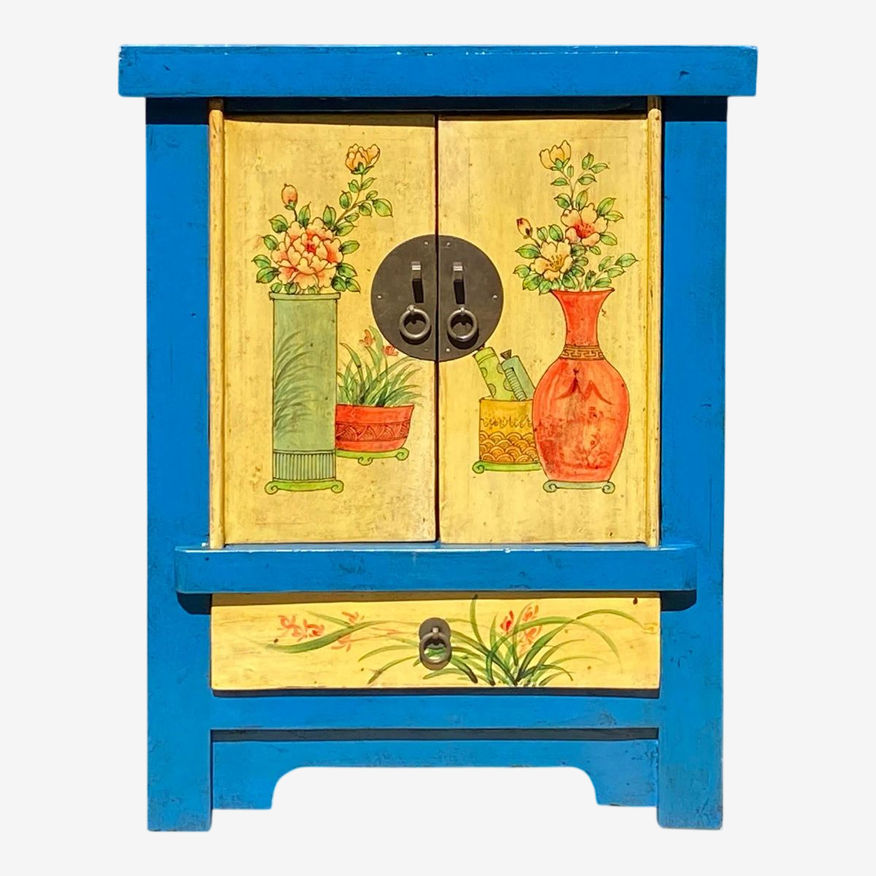 Chinese Rustic Bright Blue Yellow Graphic End Table Nightstand - image 0