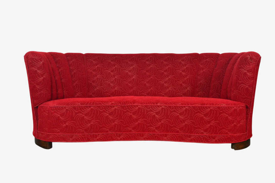 1940s banana sofa in raspberry brocade fabric - image 0