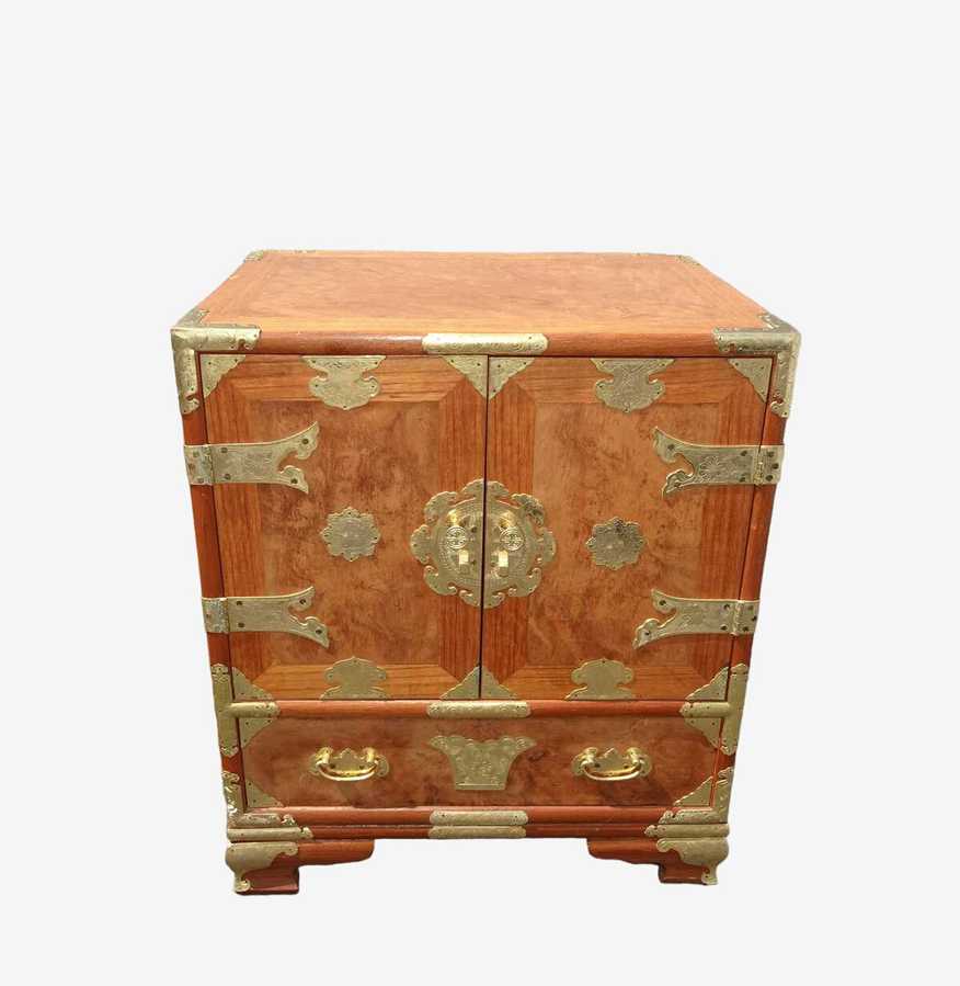 Asian Tansu Style Burl Inlay Vintage Chest Cabinet Side Table w Brass Hardware - image 0