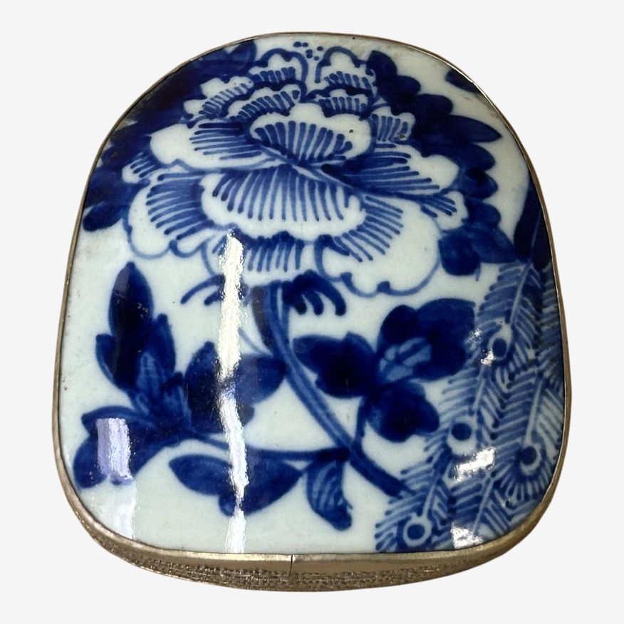 Chinese Old White Base Blue Large Flower Porcelain Art Pewter Box - image 0