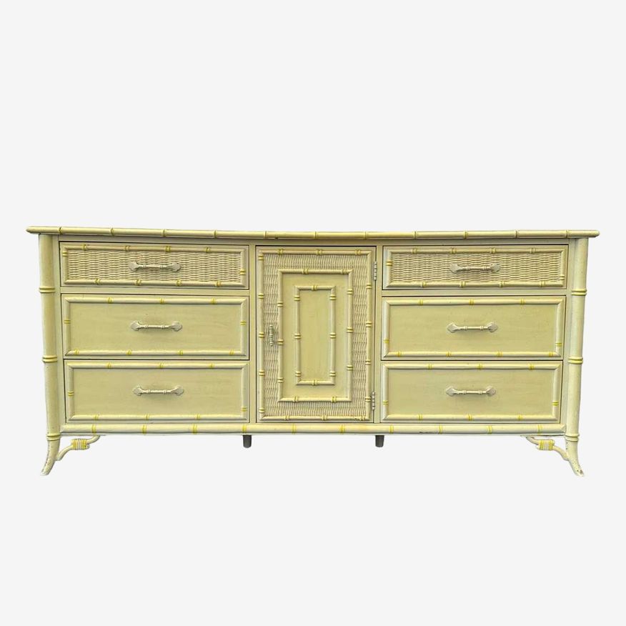 Hollywood Regency Dresser by Stanley Furniture - 1970s Vintage 9 Drawer, Faux Bamboo & Rattan Wicker, Light Yellow, Chinoiserie Style - image 0