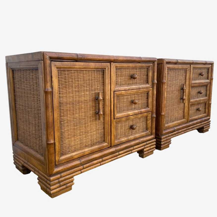SOLD Set of 2 Hollywood Regency Nightstands FREE SHIPPING Vintage American of Martinsville Faux Bamboo Wood & Rattan Wicker Boho Tables - image 0