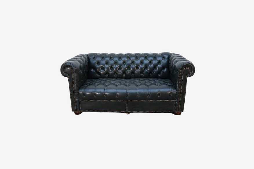 Blue Leather Chesterfield Sofa w/ Brown Legs - image 0