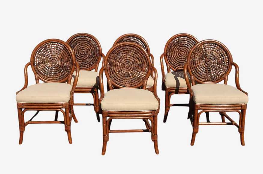 Six Vintage McGuire Style Brown Bamboo Rattan Round Back Chairs Leather Straps - image 0