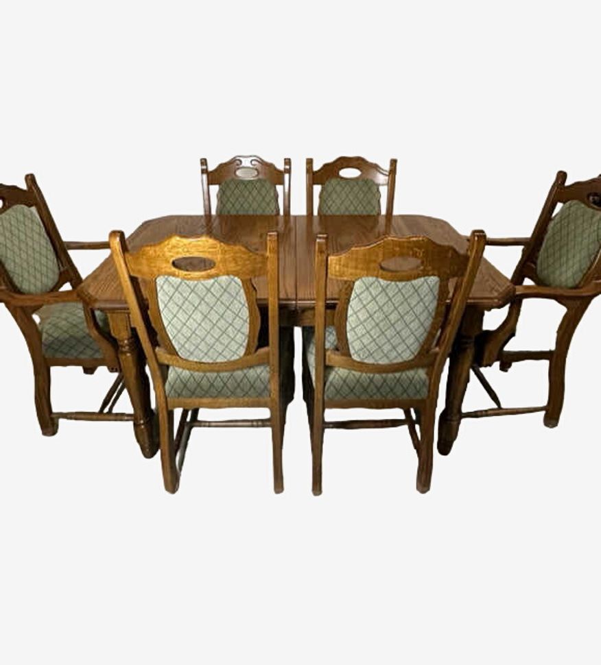 Wooden Dining Table With 6 Blue Upholstered Chairs And 2 17" Leaves - image 0