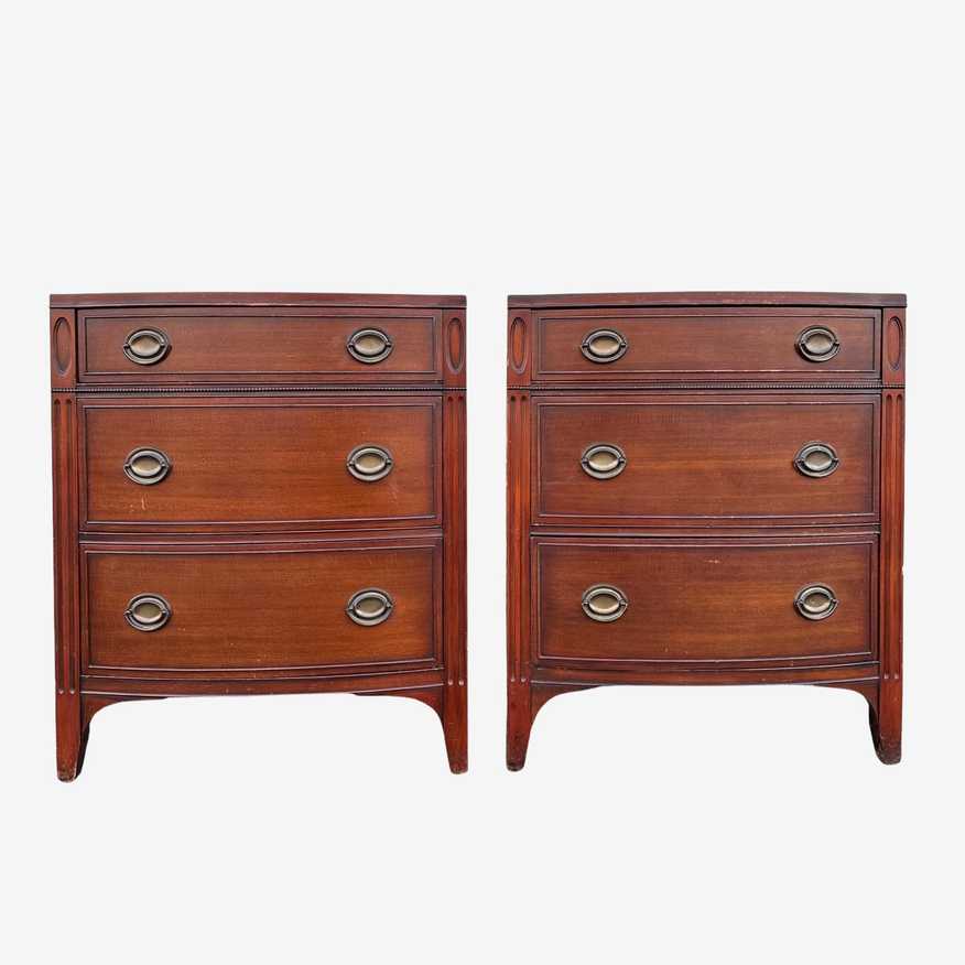 Set of 2 Mahogany Nightstands by Drexel 28” Tall -Vintage Bow Front Wood Federal Duncan Phyfe Style 3 Drawer Bachelor Chests End Tables Pair - image 0