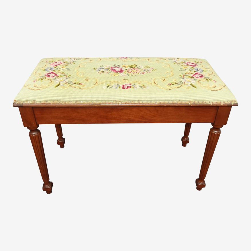 Vintage French Needlepoint Tapestry Bench Stool ~ Green Floral Stitch - image 0
