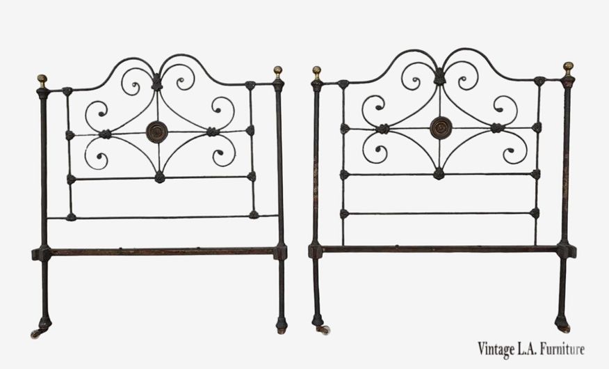 Pair Antique French Country Wrought Iron Black Twin Headboards w Brass Finials - image 0