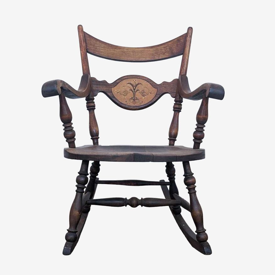 Antique Wooden Rocking Chair with Inlaid Floral Detail - image 0