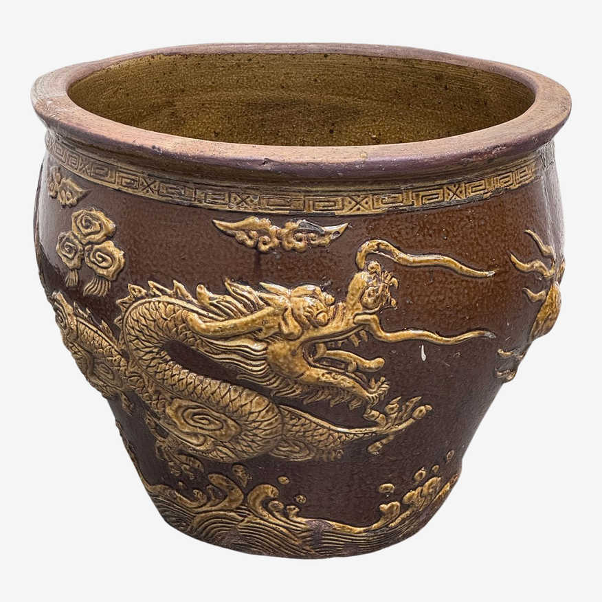 Vintage Chinese Brown Glazed Ceramic Dragon Planter - image 0