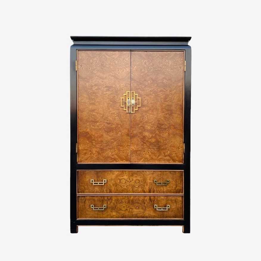 SOLD Chinoiserie Armoire Dresser by Century Chin Hua - Vintage Black & Burl Wood Asian Style Chest Hollywood Regency Oriental Furniture - image 0