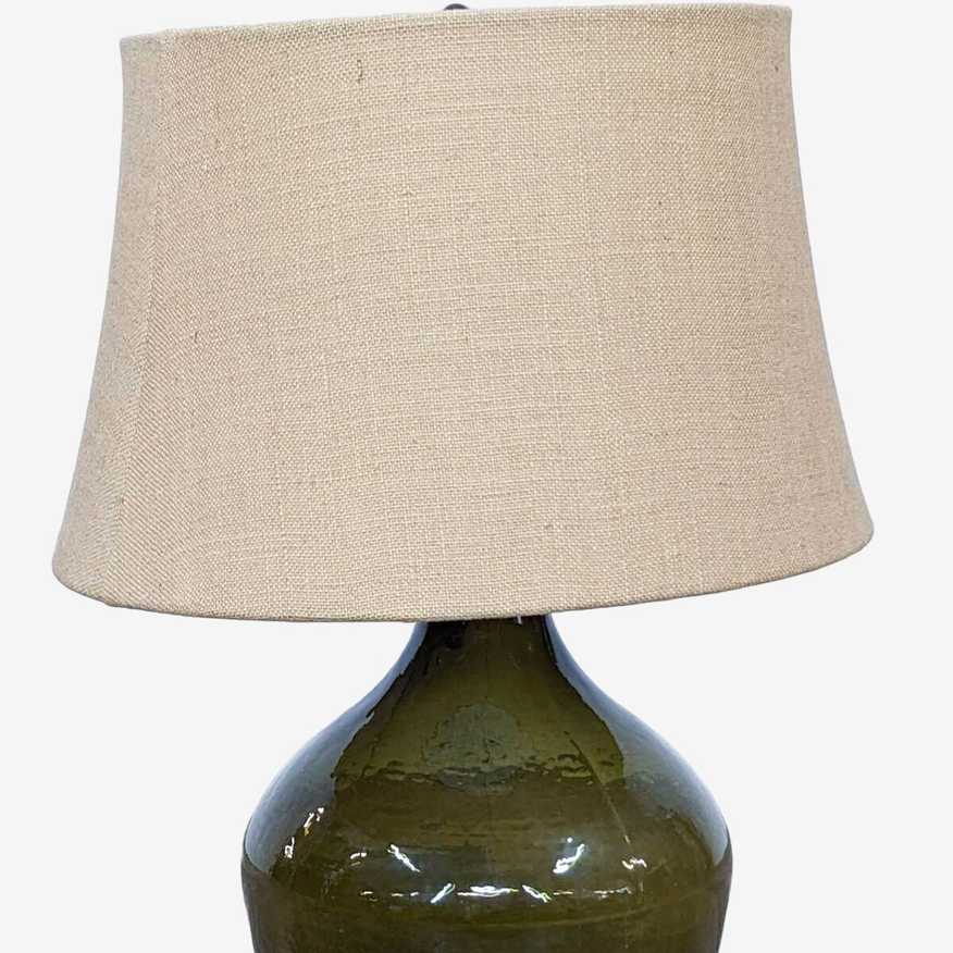 Pottery Barn Olive Green Wine Bottle Glass Table Lamp with Burlap Shade - image 0