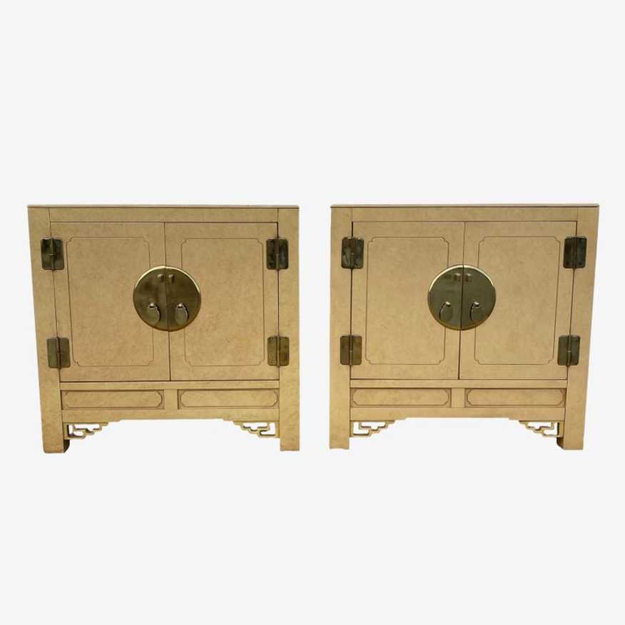 Set of 2 Chinoiserie Nightstands by White Furniture in Tan - Vintage Asian Style Hollywood Regency End Tables Pair - image 0
