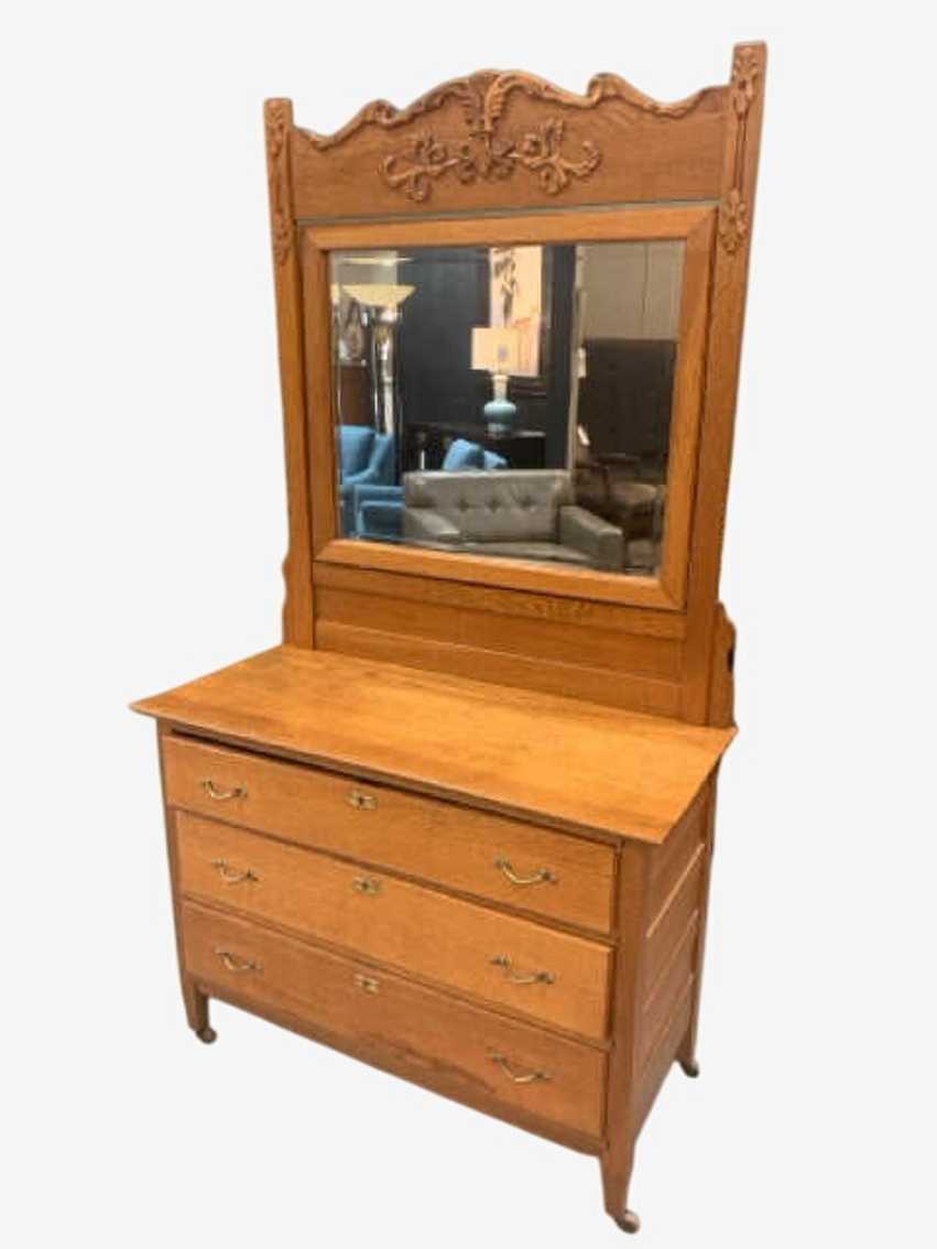 Antique Wooden Dresser With 3 Drawers And Mirror - image 0
