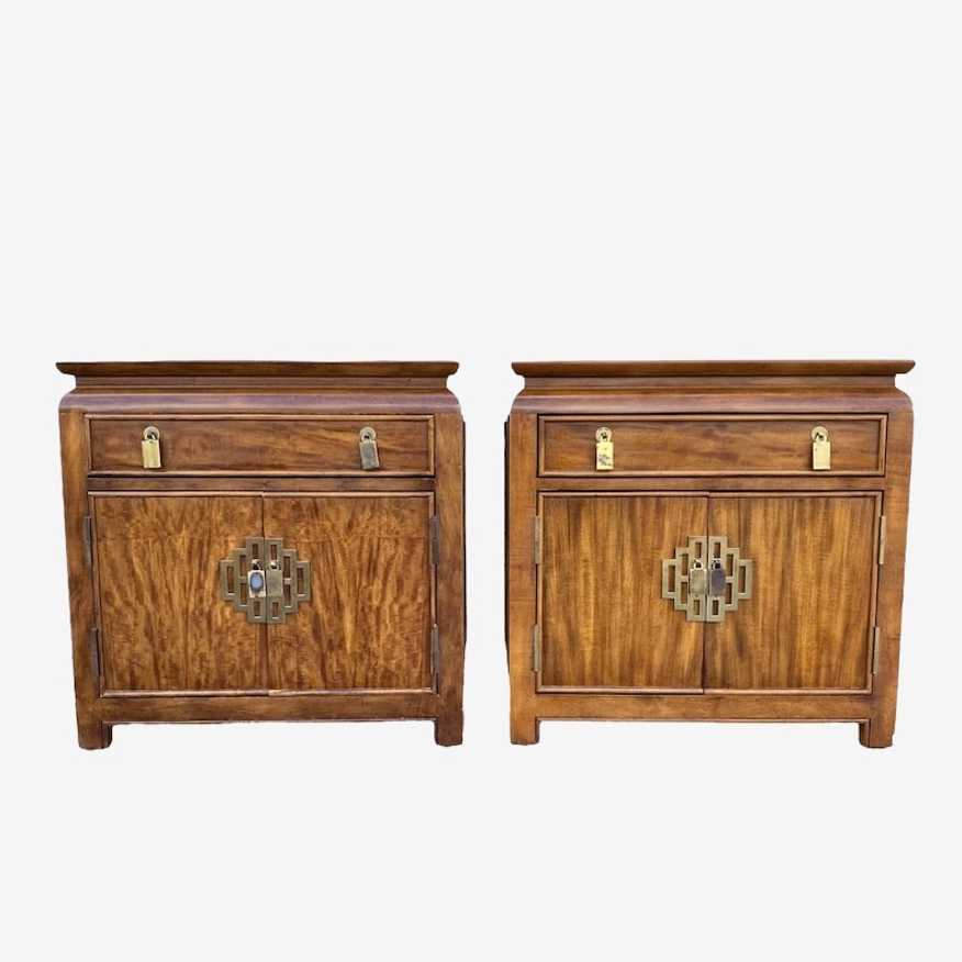 Burl Wood Chinoiserie Nightstands by Raymond Sobota Century Chin Hua - Set of 2 Vintage Asian Hollywood Regency Bedside Tables - image 0