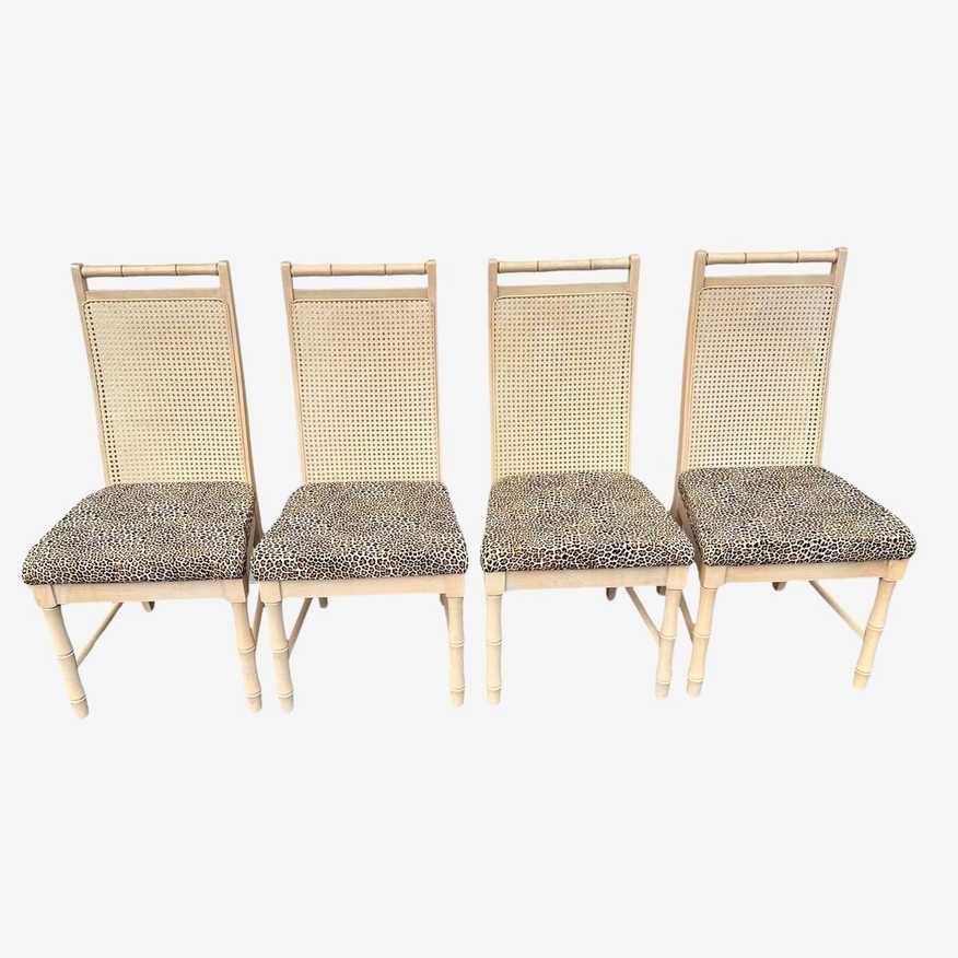 Faux Bamboo Dining Chairs Set of 4 by Broyhill - Vintage White Wash Wood, Rattan Cane & Leopard Print Fabric Hollywood Regency Coastal Style - image 0