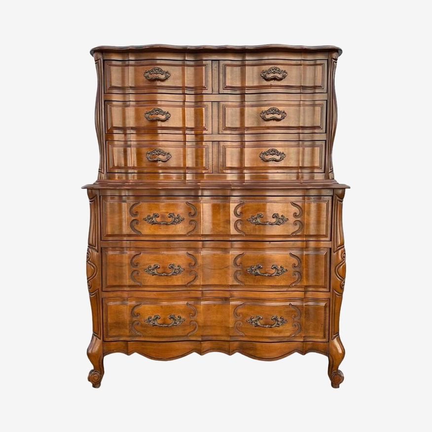 French Provincial Tallboy Dresser with 6 Drawers by Sherrill Furniture - Vintage Carved Cherry Wood Louis XV Country Shabby Chic Chest - image 0