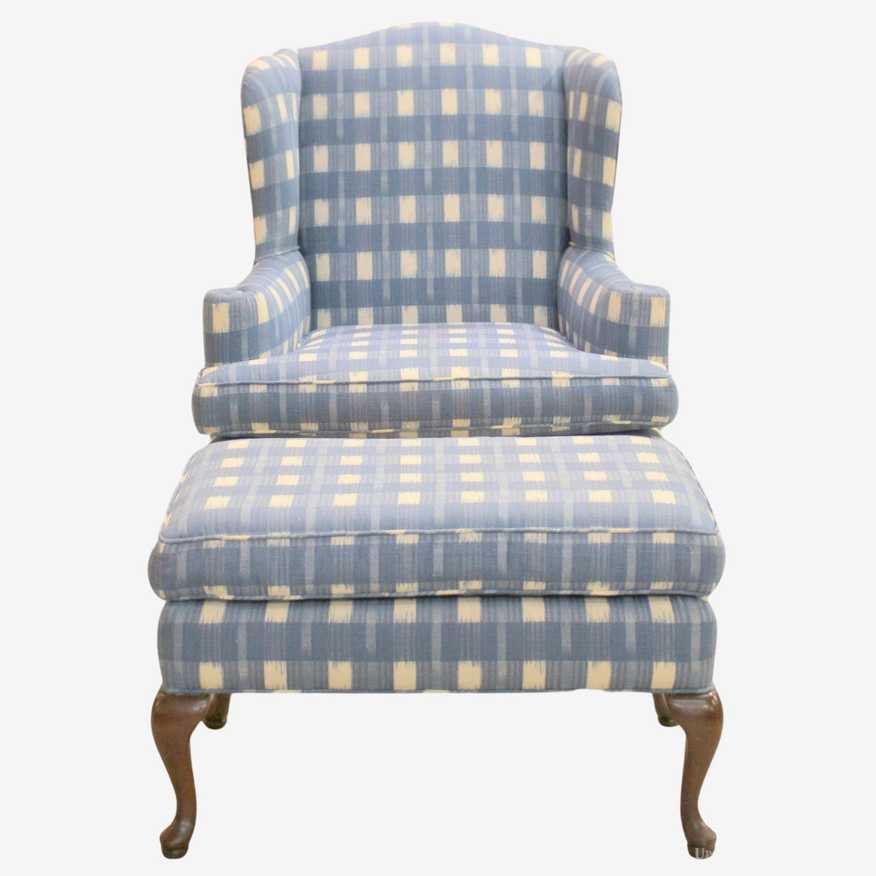 Blue & White Gingham Wingback Chair w/Ottoman - image 0