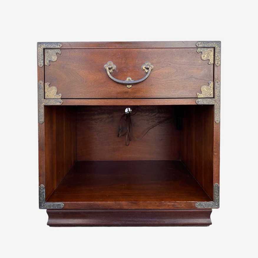 Chinoiserie Nightstand by Henredon Tansu FREE SHIPPING Vintage Dark Wood & Brass Asian Hollywood Regency Campaign Chinese Charging End Table - image 0
