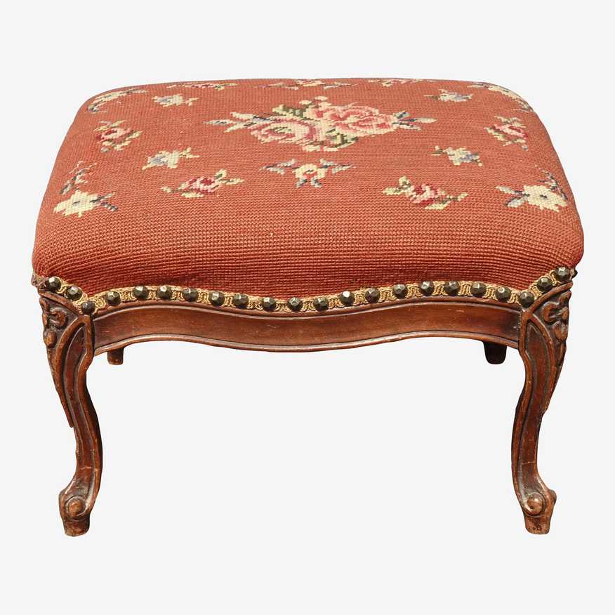 Mahogany Vintage Footstool, New Italian Tapestry, Bombay