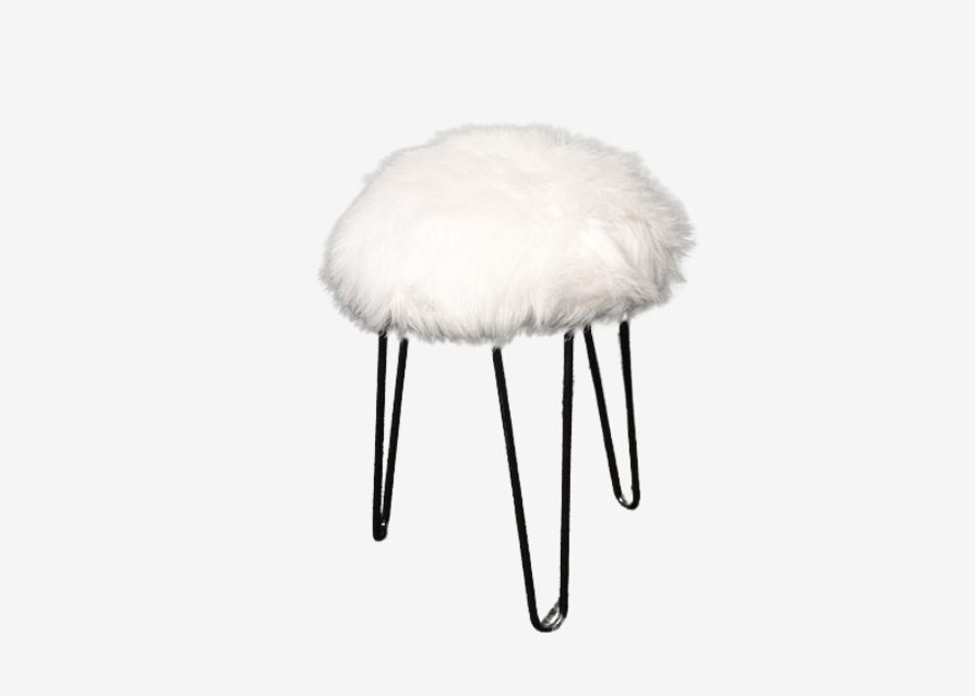 Modern White Faux Mangolian Fur Stool Footstool w Black Hairpin Legs - image 0