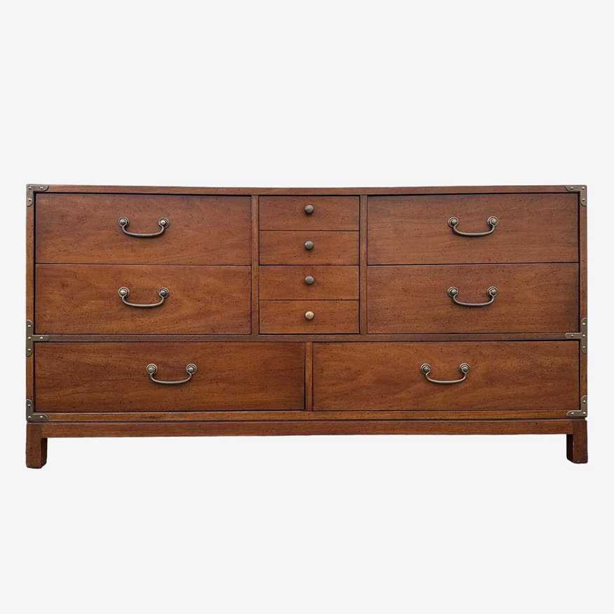Campaign Dresser by Drexel Barbados Collection - 1960s Vintage Walnut Wood 8 Drawer Credenza Sideboard Mid Century Modern MCM Furniture - image 0