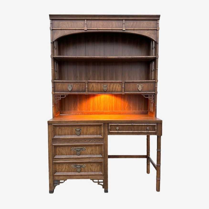 Faux Bamboo Desk and Lighted Bookcase by Dixie ShangriLa - Rare 2 Piece Vintage Chinoiserie Wood Hollywood Regency Bookshelf Hutch Furniture - image 0