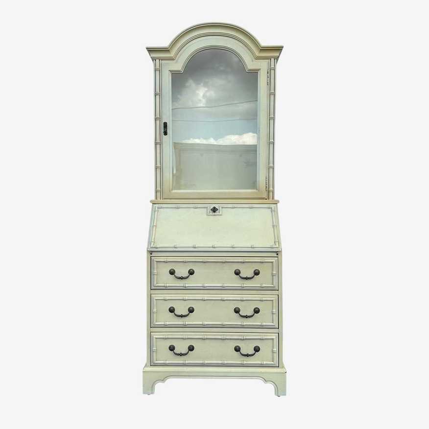 Vintage Faux Bamboo Secretary Desk with Hutch by Jasper Cabinet - Lighted Glass Bookcase, Skeleton Key, Hollywood Regency Chinoiserie Style - image 0