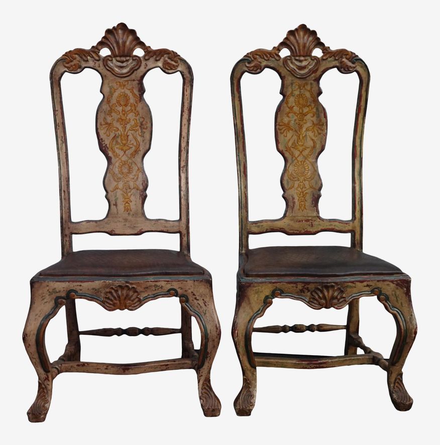 Vintage Brazilian Baroque Hand Painted Tooled Leather Chairs - a Pair - image 0