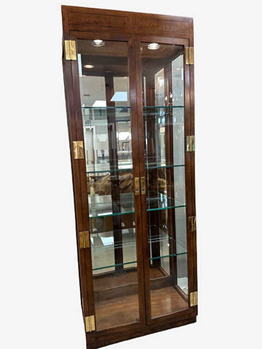 Vintage Henredon Campaign Style Lighted Wood, Glass & Brass Curio Cabinet - image 0