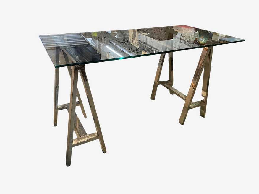 Vintage Polished Chrome Sawhorse Base Glass Dining Table Desk EK221-13 - image 0