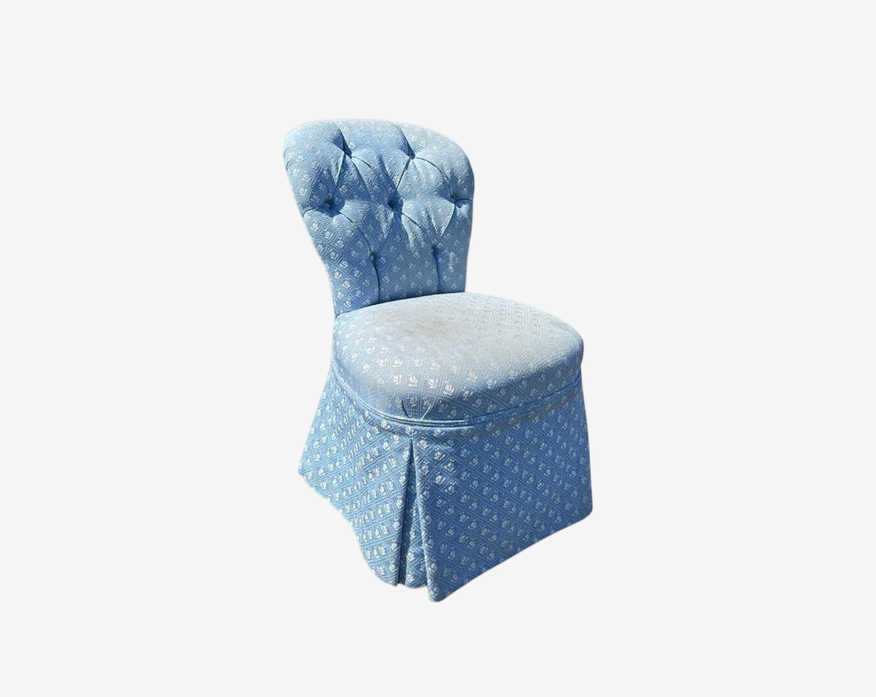 Tufted Accent Chair Upholstered in Light and Blue Cream Small Print with Skirt - image 0