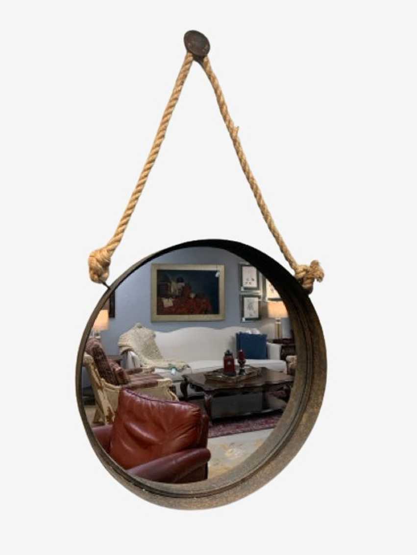 Distressed Metal Round Mirror With Rope Hanger - image 0