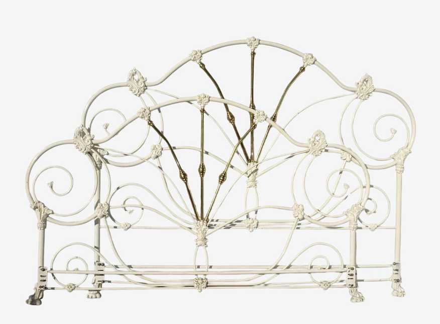 Vtg French Elliott's Designs Style Off White Iron Queen Headboard Bed Frame w Footboard - image 0