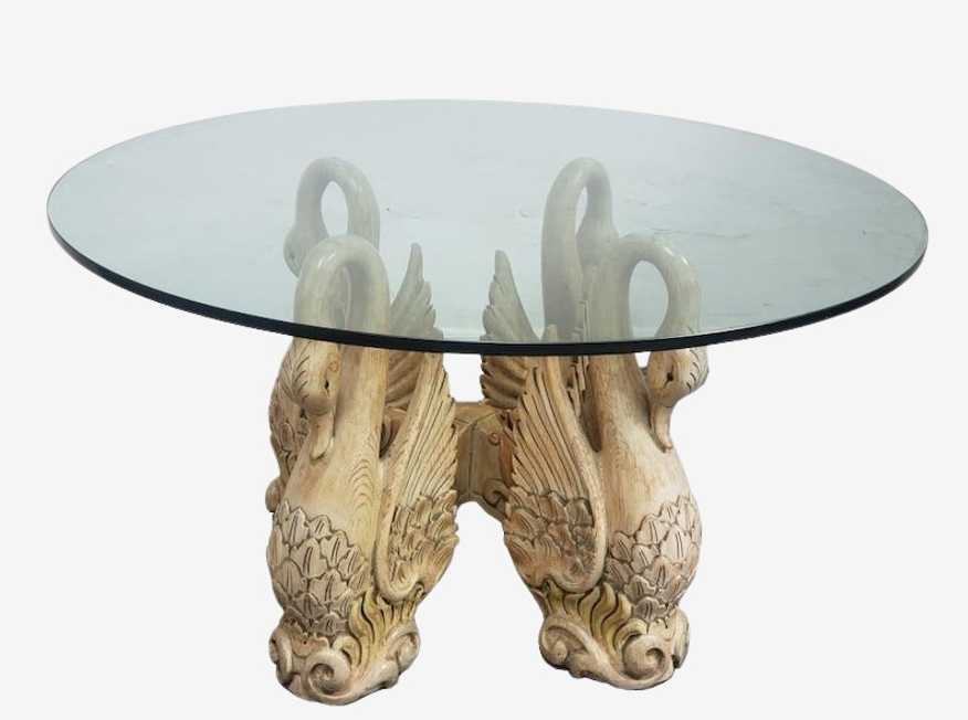 Vintage Swan French Country English Pedestal Dining Room Table Hand Carved Wood - image 0