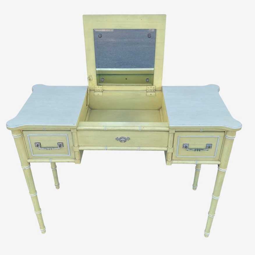 Henry Link Bali Hai Vanity Table with Faux Bamboo, Mirror, Storage and 2 Drawers - Rare Vintage Yellow Wash Hollywood Regency Coastal Desk - image 0