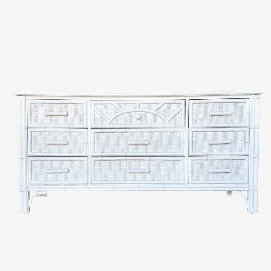 Henry Link Wicker Dresser with Sunburst Faux Bamboo and 9 Drawers - Vintage White Rattan Coastal Boho Chic Style Furniture - image 0