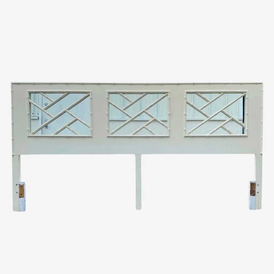 Chinese Chippendale King Headboard by Drexel Omega - Rare Vintage Mirrored White Faux Bamboo Hollywood Regency Palm Beach Chinoiserie Style - image 0