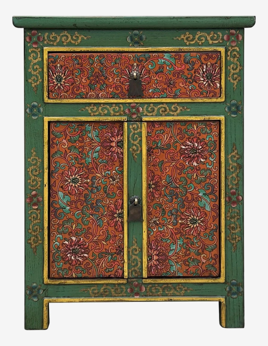 Distressed Green Orange Red Tibetan Floral End Table Nightstand - image 0
