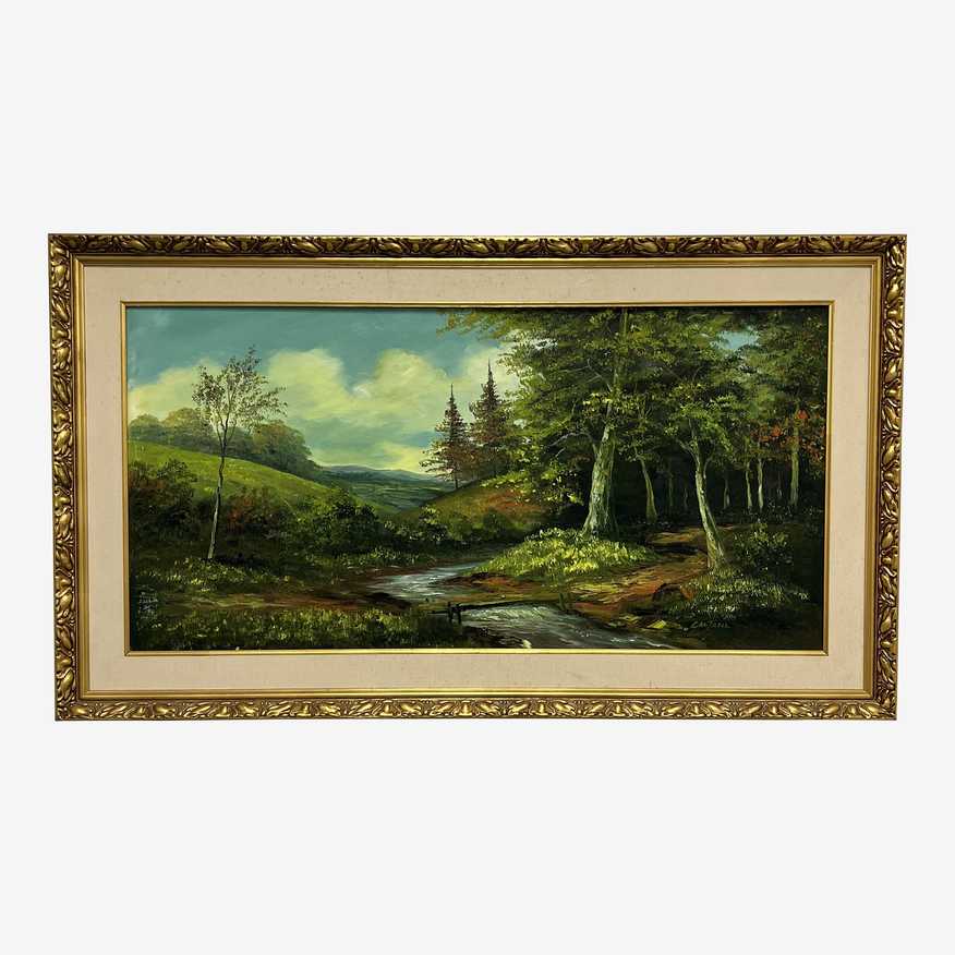 Vintage Signed Landscape Artist Phillip Cantrell Forest + Stream in Gold Frame - image 0