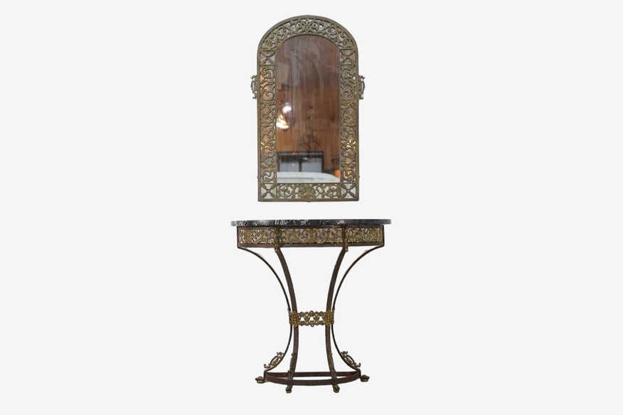 Antique Brass & Iron Victorian Console style of Oscar Bruno Bach Marble top w/ brass Framed Mirror - image 0